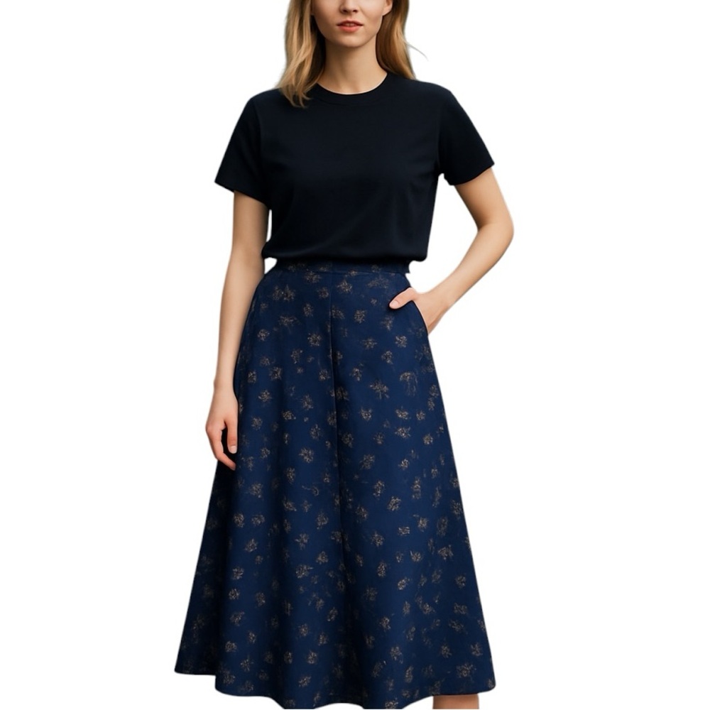 Jones NY Vintage Navy Blue Floral Button Front Skirt Size 4